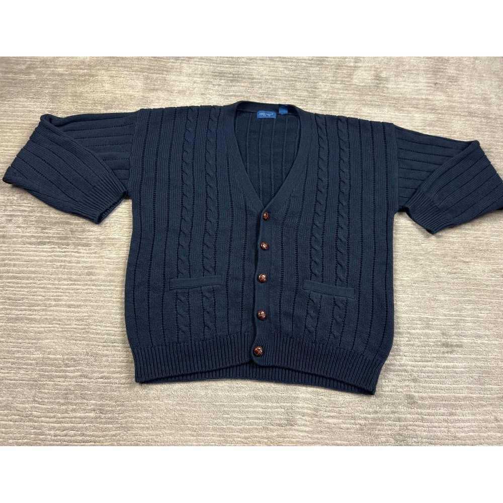 Town Craft Cardigan Mens XL Navy Blue Cable Knit V-Neck Button Front Pockets